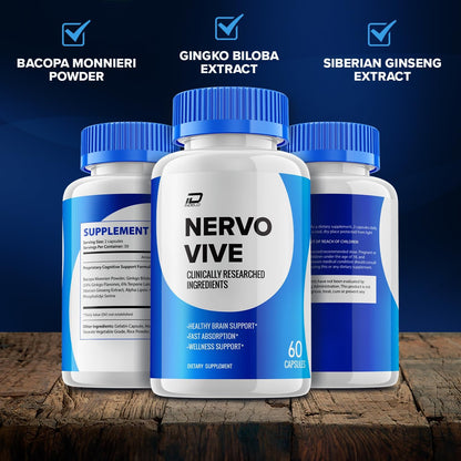 Nervo Vive Brain Supplement Capsules – All-Natural Memory & Focus Support (3 Pack, 180 Capsules)