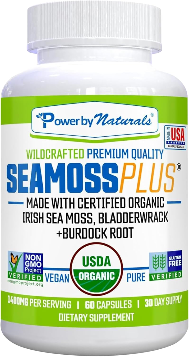 Power By Naturals Sea Moss Plus – USDA Organic Irish Sea Moss Capsules with Bladderwrack & Burdock Root – Immune Support for Adults – Vegan, Non-GMO, Gluten-free – 60 Capsules (1-Month Supply) - görsel 1