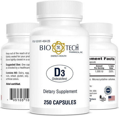 Bio-Tech Pharmacal D3 (1,000 IU), 250 Capsules – All-Natural Supplement