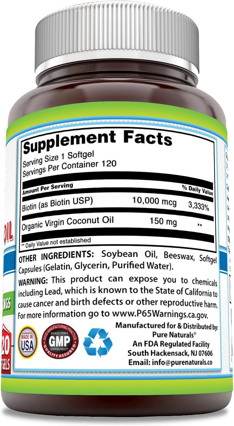 Pure Naturals Biotin 10000mcg with Extra Virgin Organic Coconut Oil Soft gel capsules - 120 Capsules - görsel 2