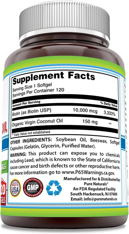 Pure Naturals Biotin 10000mcg with Extra Virgin Organic Coconut Oil Soft gel capsules - 120 Capsules