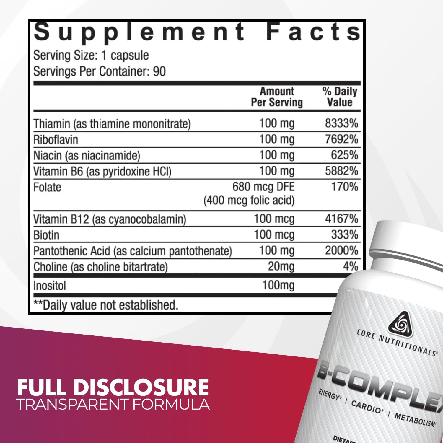 Core Nutritionals B Complex - Essential 8 B Vitamins with Choline & Inositol for Energy, Cognitive Function and Mood Balance - 90 Vegetable Capsules - görsel 2