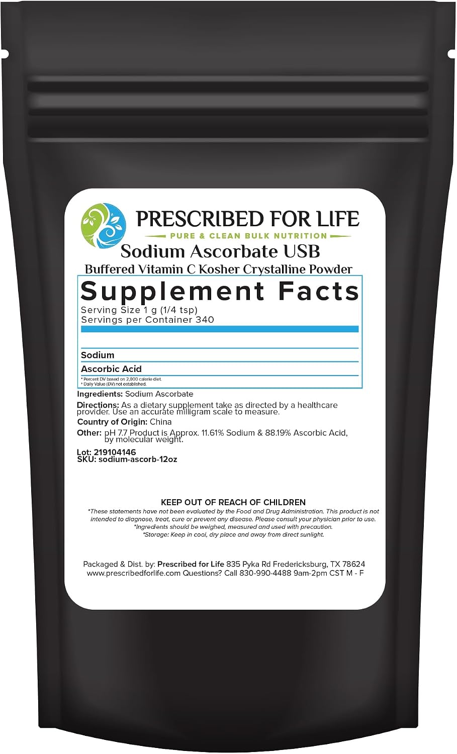 Prescribed For Life Sodium Ascorbate Powder, Natural USP Buffered Vitamin C Powder, Ascorbic Acid (340g) - görsel 1