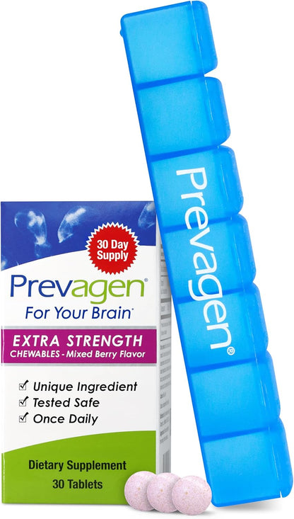 Prevagen Extra Strength Mixed Berry Chewable Tablets - 30 Tablets - 20mg Apoaequorin + Vitamin D3 - Includes 7-Day Pill Minder
