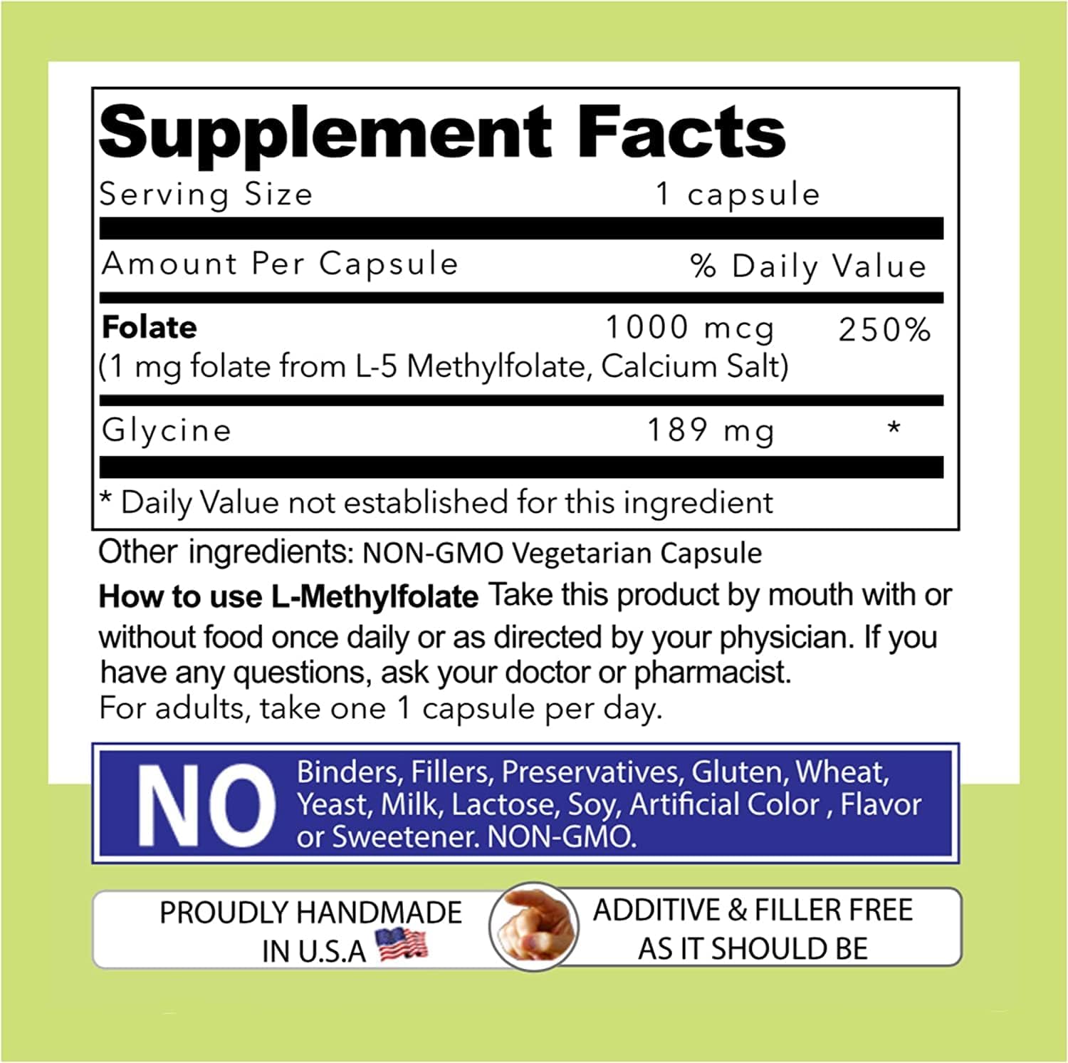 Our Daily Vites L-Methylfolate 1 mg (1000 mcg) – Active Folate (5-MTHF) – No Fillers, Gluten-free, Non-GM – 180 Capsules - görsel 6