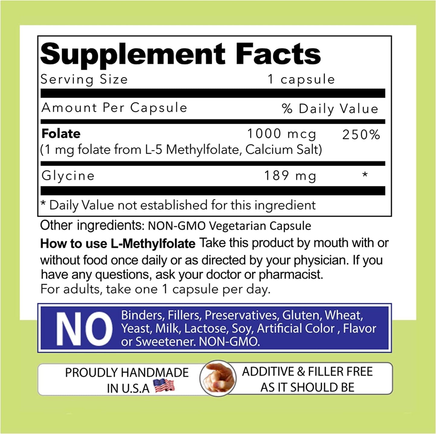 Our Daily Vites L-Methylfolate 1mg / 1000 mcg Maximum Strength Active Folate, 5-MTHF, Filler Free, Gluten-free, Non-GMO, 270 Vegetarian Capsules - görsel 6