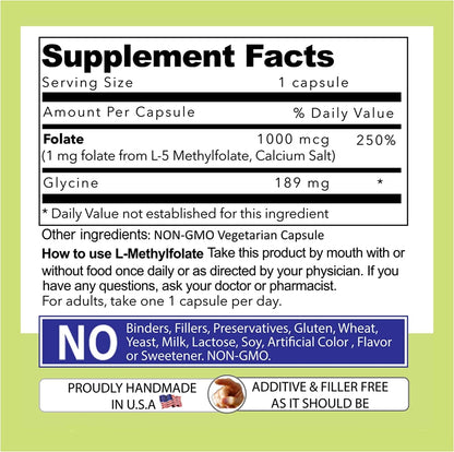 Our Daily Vites L-Methylfolate 1mg / 1000 mcg Maximum Strength Active Folate, 5-MTHF, Filler Free, Gluten-free, Non-GMO, 270 Vegetarian Capsules