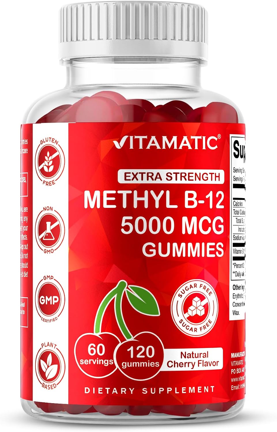 Vitamatic Extra Strength Vitamin B12 5000 mcg (Methyl B12) Gummies – Natural Cherry Flavour – 120 Count - görsel 1