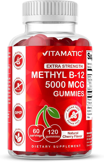 Vitamatic Extra Strength Vitamin B12 5000 mcg (Methyl B12) Gummies – Natural Cherry Flavour – 120 Count