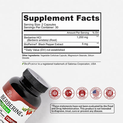 Nutreb Berberine Supplement 1200mg – 5x Superior Absorption – 60 Vegan Capsules