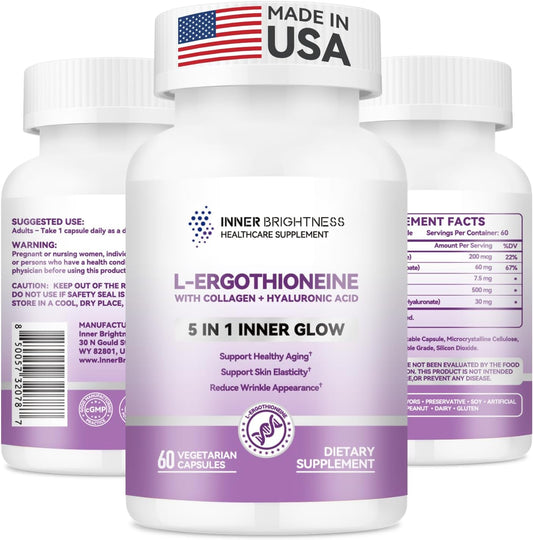 Inner Brightness L-Ergothioneine Supplements with Hyaluronic Acid & Collagen for Women – Promotes Longevity & Healthy Ageing, 60 Capsules