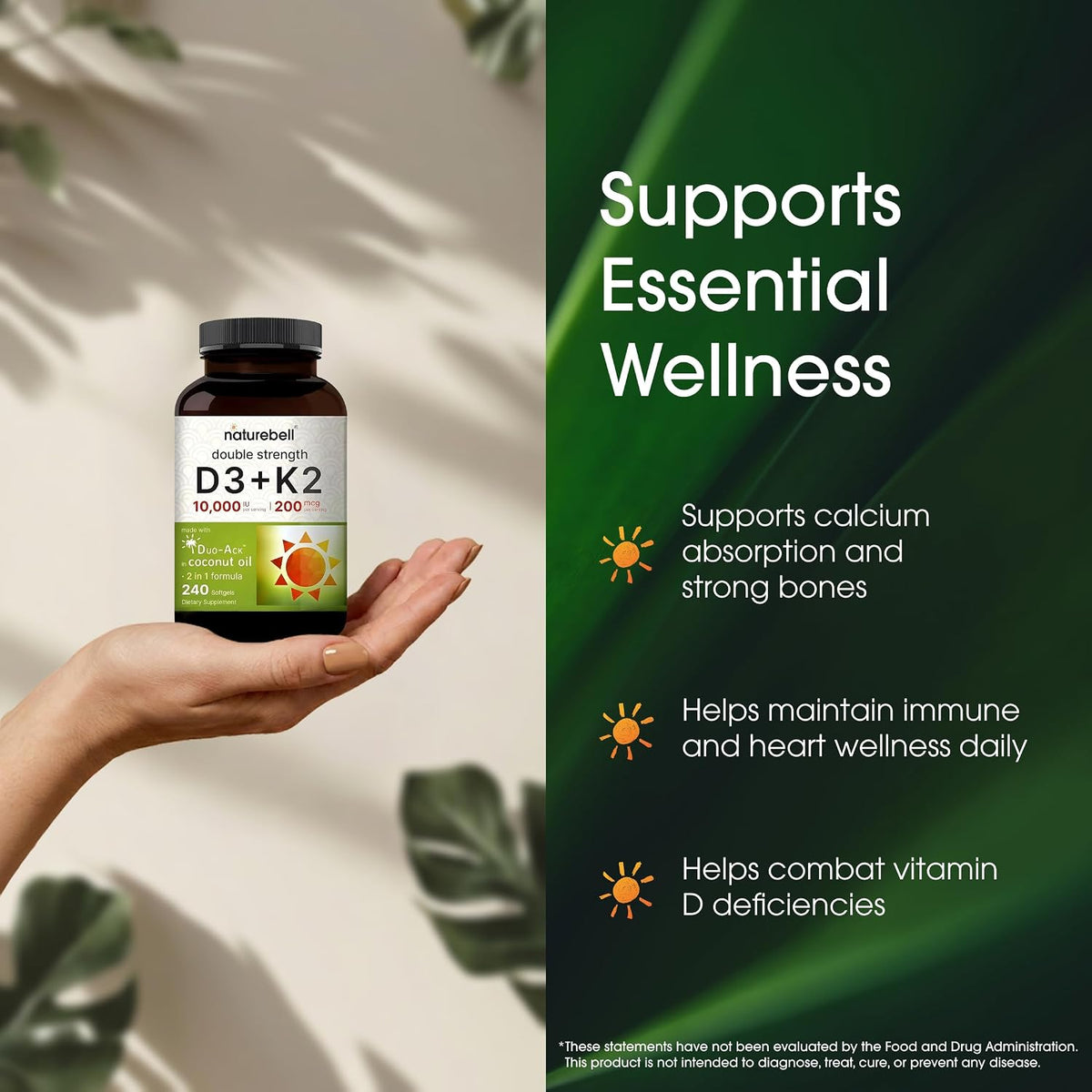 NatureBell Vitamin D3 + K2, Double Strength, 240 Soft gel capsule Capsules - 10,000 IU D3 & 200 mcg K2 (MK-7) - görsel 4
