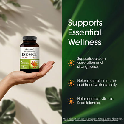NatureBell Vitamin D3 + K2, Double Strength, 240 Soft gel capsule Capsules - 10,000 IU D3 & 200 mcg K2 (MK-7)