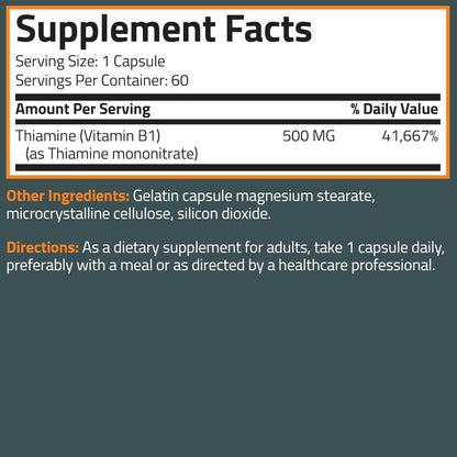 Bronson Vitamin B1 Extra Strength 500 mg High Potency Non-GMO, 60 Capsules