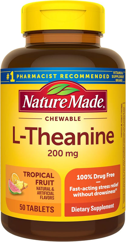Nature Made Chewable L-Theanine 200mg, 50 Chewable Tablets for Stress Relief