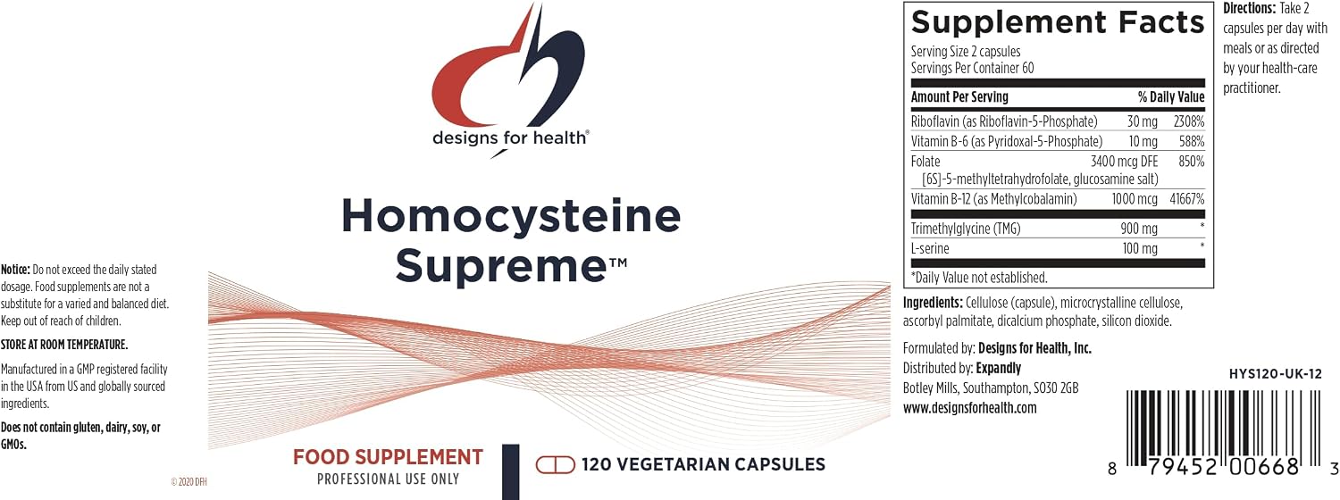 Designs for Health Homocysteine Supreme - Methylated B Vitamin Complex with Folate, B12, TMG, and L-Serine (120 Capsules) - görsel 4