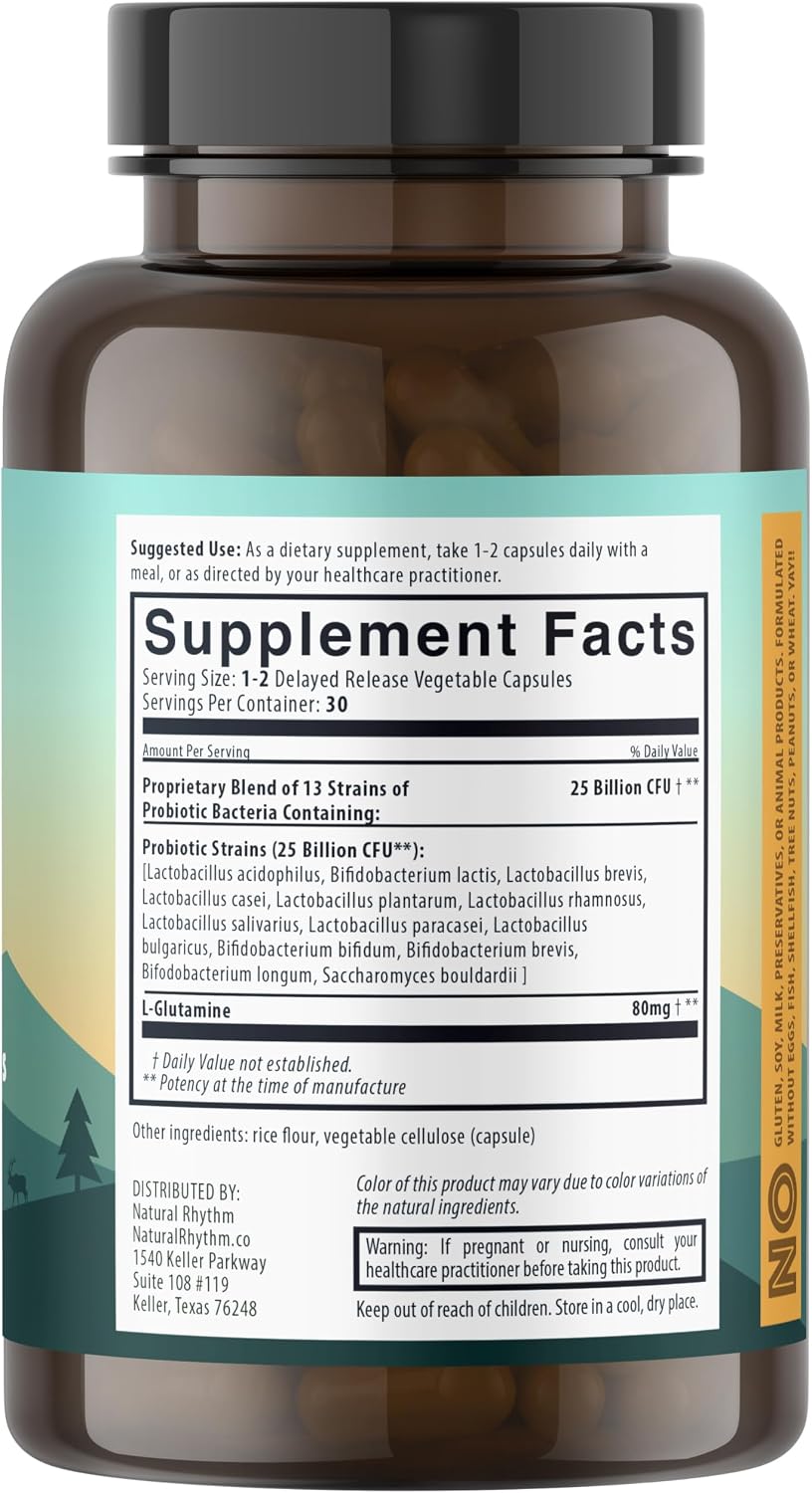 Natural Rhythm Digestive Calm Probiotic + L-Glutamine – 25 Billion CFU, 13 Strains, Digestive & Immune Support Supplement, Vegetarian Capsules (60 Count) - görsel 2