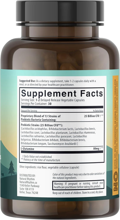 Natural Rhythm Digestive Calm Probiotic + L-Glutamine – 25 Billion CFU, 13 Strains, Digestive & Immune Support Supplement, Vegetarian Capsules (60 Count)
