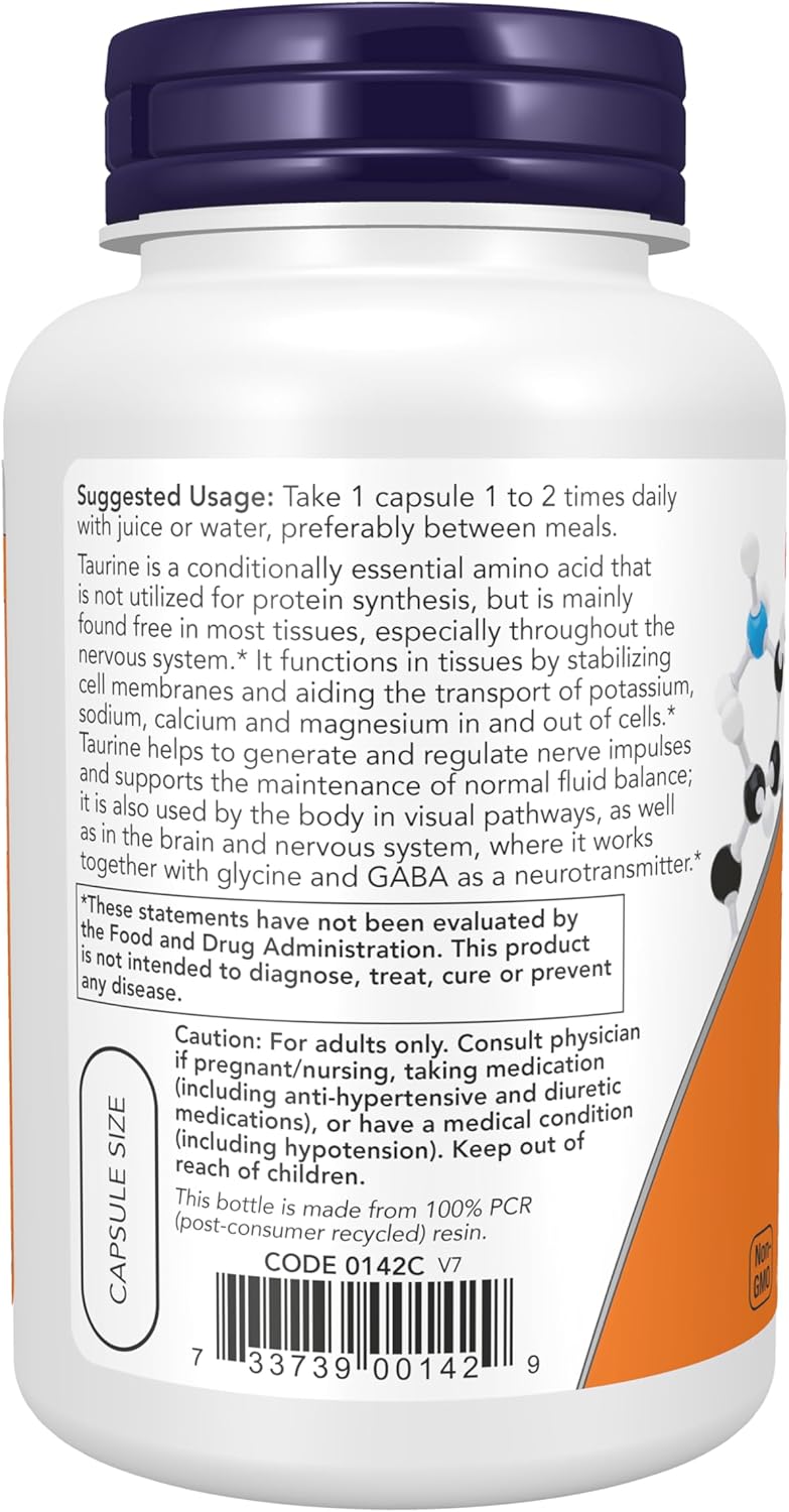 NOW Supplements, Taurine 1,000 mg, Double Strength, Nervous System Function*, 100 Veg Capsules - görsel 3