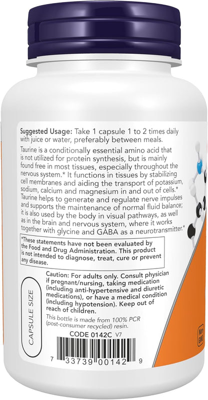 NOW Supplements, Taurine 1,000 mg, Double Strength, Nervous System Function*, 100 Veg Capsules