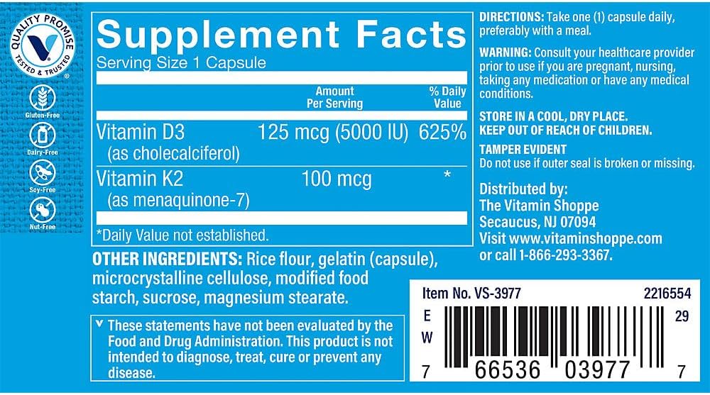The Vitamin Shoppe Vitamin D3 5,000 IU - Normal Bone Health, Immune Function and Calcium Absorption Support, Daily Vitamin (60 Capsules) - görsel 2