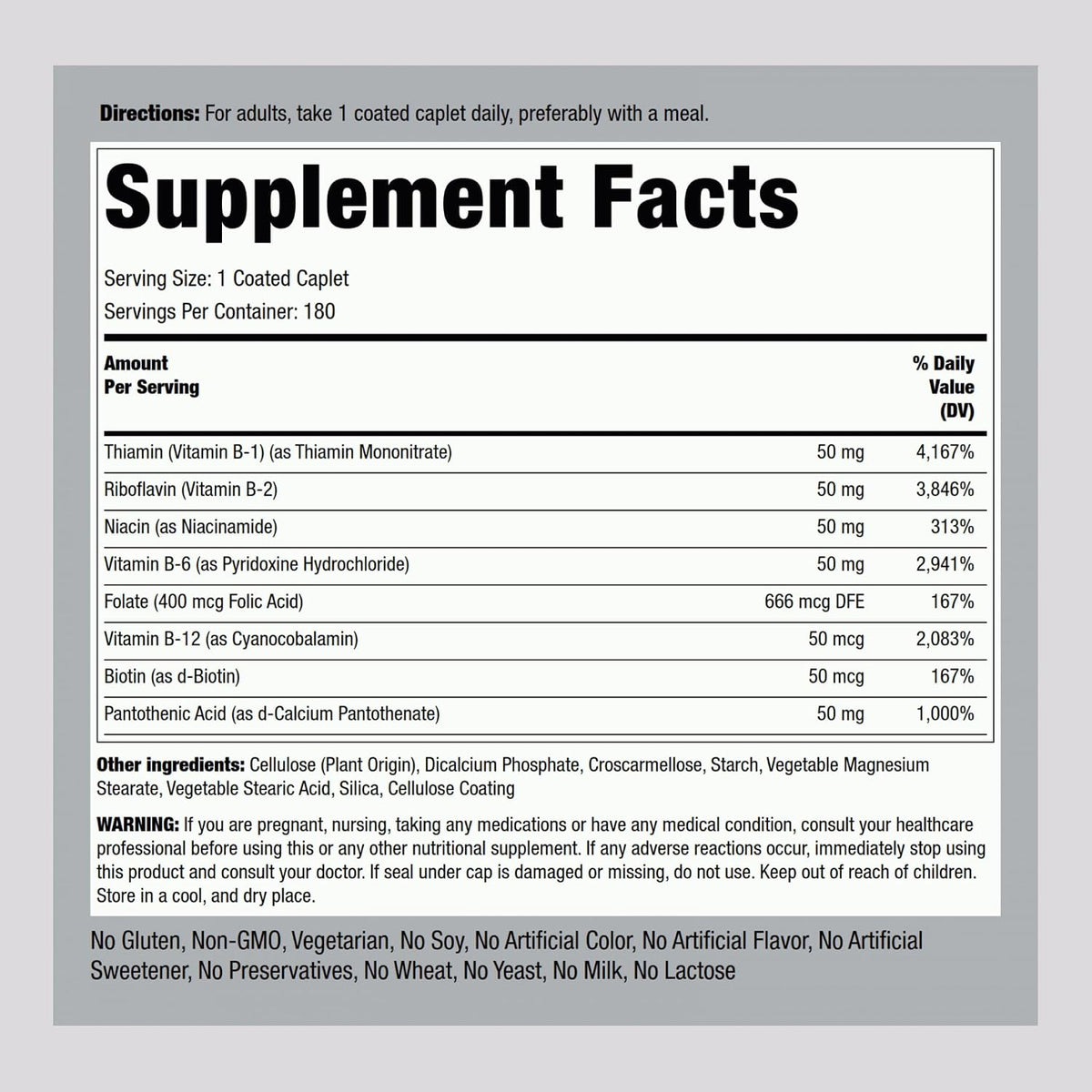 Piping Rock Vitamin B50 Complex | 180 Caplets | Vegetarian, Non-GMO, Gluten-free Supplement - görsel 2
