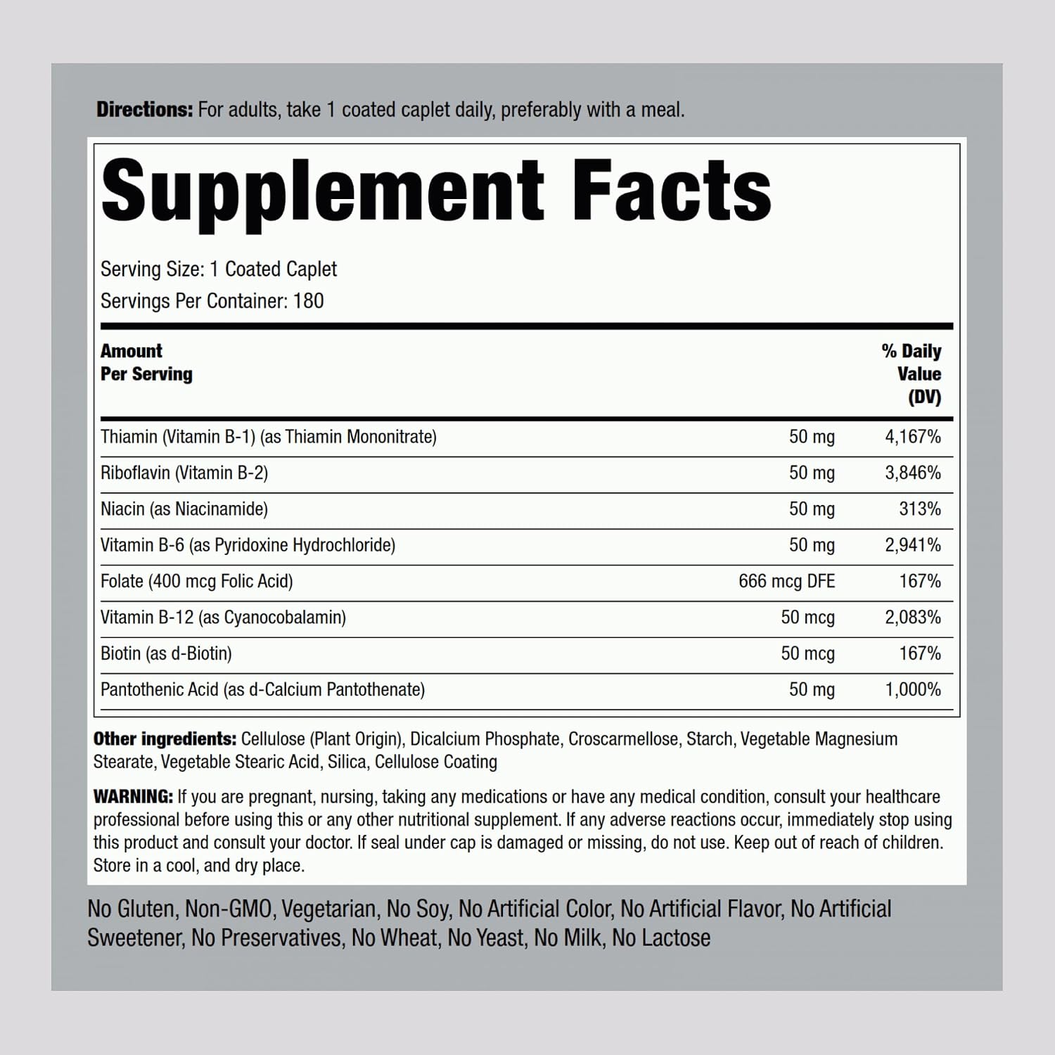 Piping Rock Vitamin B50 Complex | 180 Caplets | Vegetarian, Non-GMO, Gluten-free Supplement - görsel 2