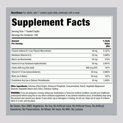 Piping Rock Vitamin B50 Complex | 180 Caplets | Vegetarian, Non-GMO, Gluten-free Supplement