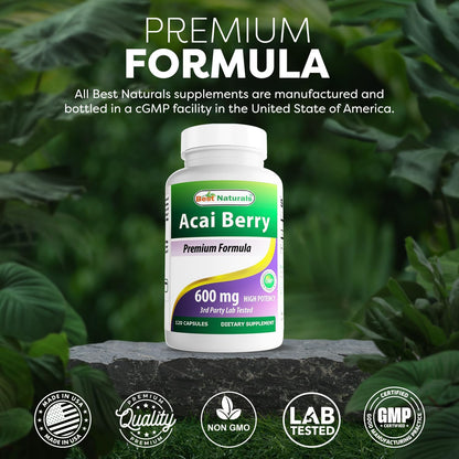 Best Naturals Acai Berry 600mg – 120 Capsules – Pure High Potency Supplement