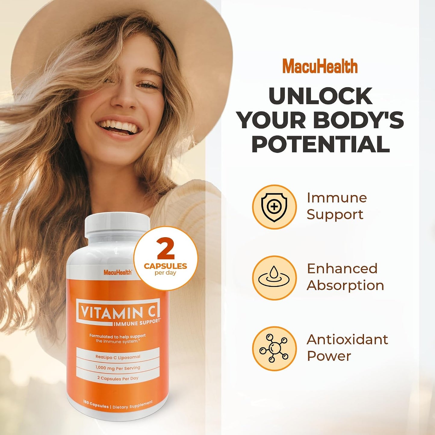 MacuHealth Liposomal Vitamin C 1000mg per Serving - High Bioavailability Vitamin with Fat-Soluble Antioxidants and Enhanced Absorption - 3 Month Supply - görsel 2