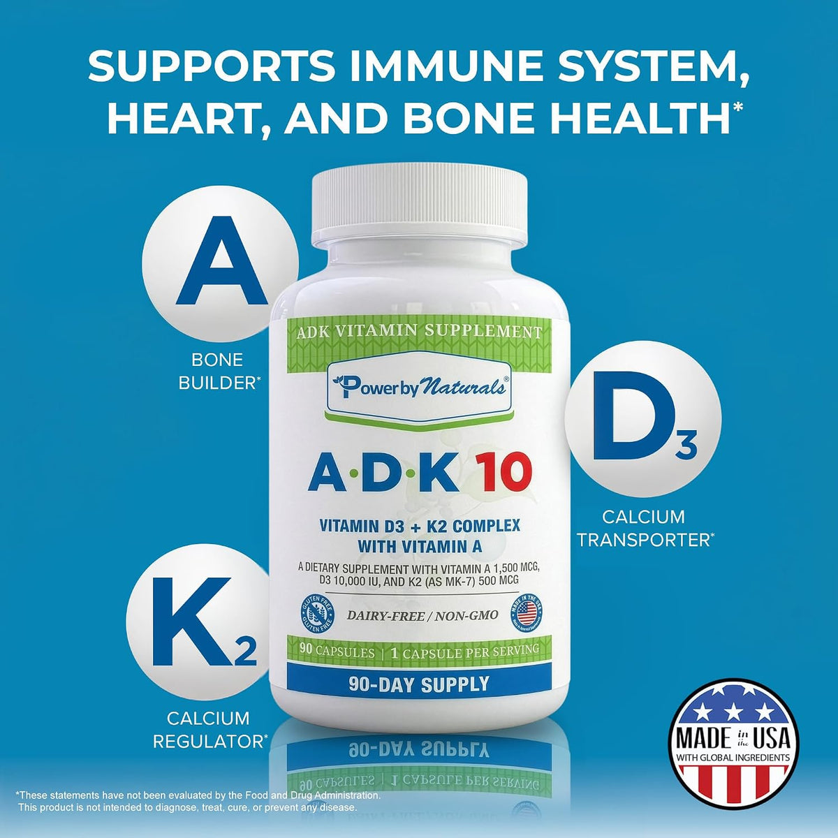 Power By Naturals ADK 10 Food Supplement - Vitamins A, D3 & K2 MK-7 - 90 Capsules - görsel 3