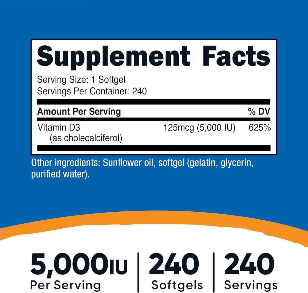 Nutricost Vitamin D3 5,000 IU (125 µg), 240 Soft gel capsules - Non-GM and Gluten-free Vitamin D - görsel 2