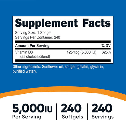 Nutricost Vitamin D3 5,000 IU (125 µg), 240 Soft gel capsules - Non-GM and Gluten-free Vitamin D