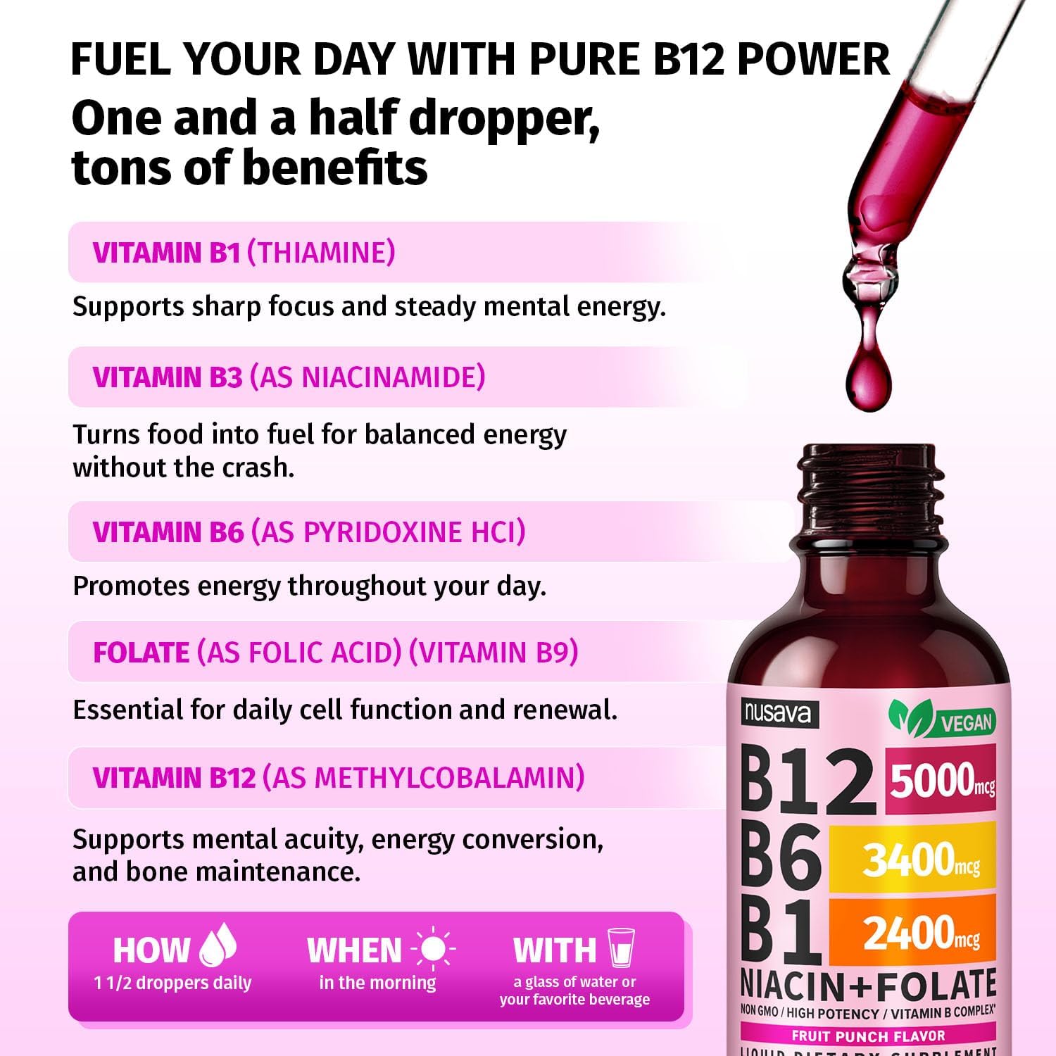 NUSAVA Vitamin B12 Liquid Drops 5000mcg - Sublingual B Complex with B6 & B1, Vegan, Non-GMO, Fruit Punch (2 Pack, 60 ml Each) - görsel 3