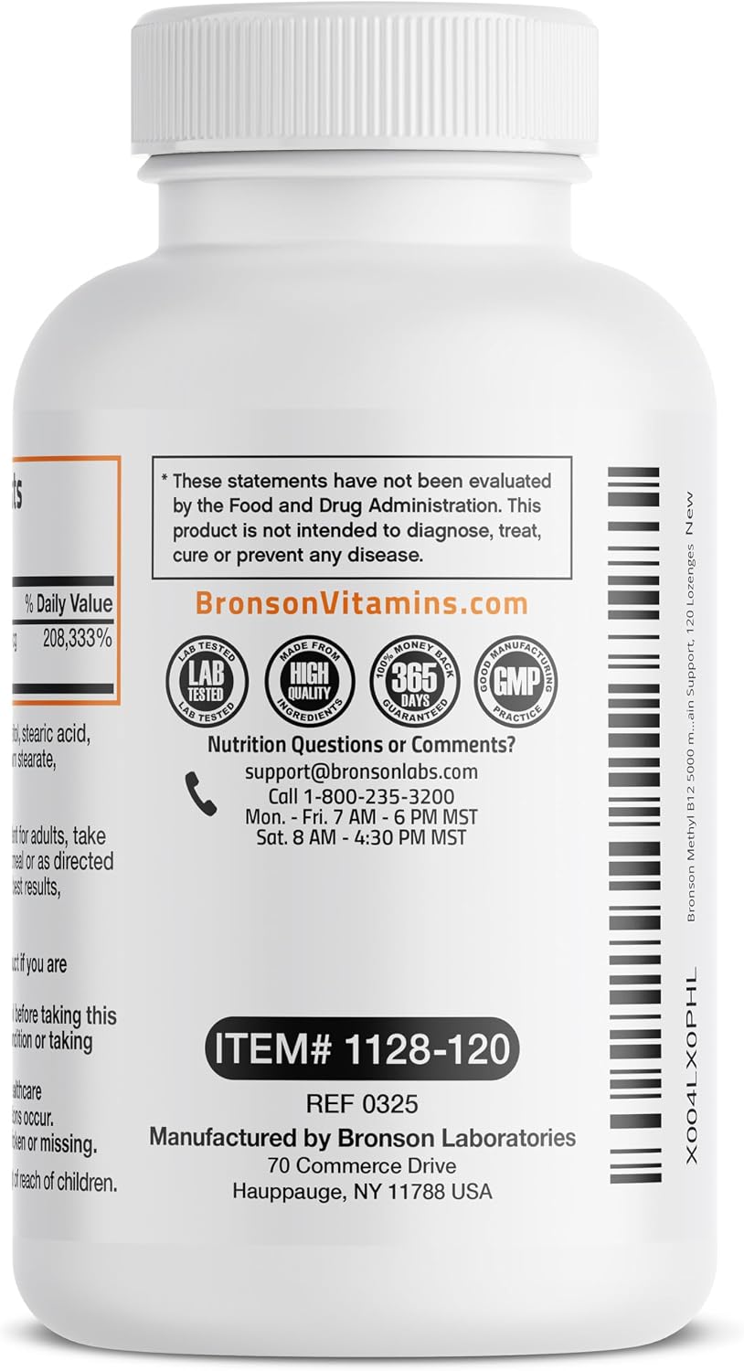 Bronson Methyl B12 5000 mcg Vitamin B12 Methylcobalamin Energy & Brain Support, 120 Lozenges - görsel 5