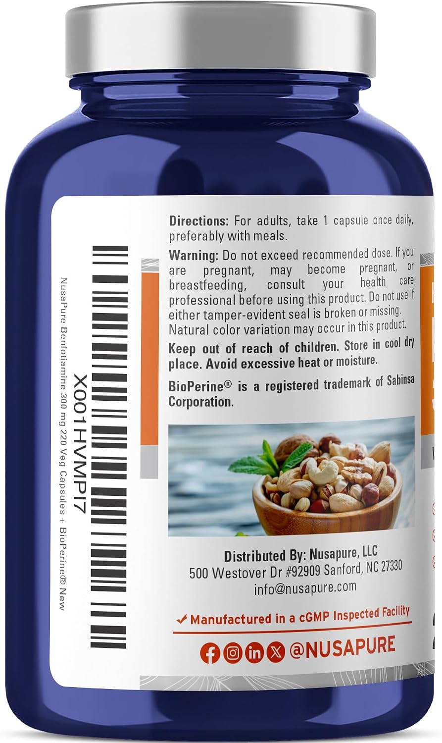NusaPure Benfotiamine 300mg - Vitamin B1 Supplement with Bioperine, 220 Veggie Capsules - görsel 2