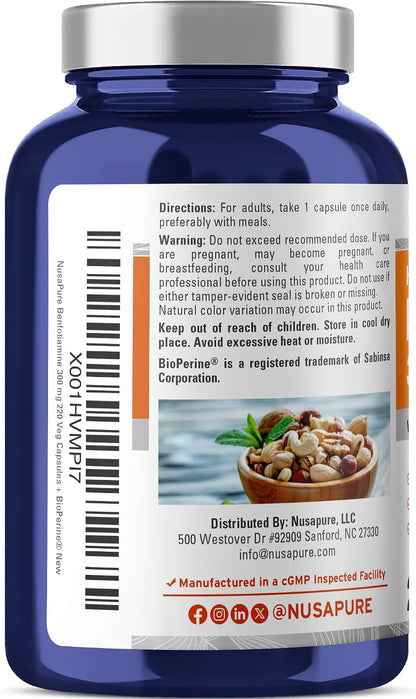 NusaPure Benfotiamine 300mg - Vitamin B1 Supplement with Bioperine, 220 Veggie Capsules