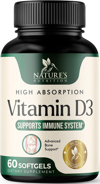 Nature's Nutrition Vitamin D3 5000 IU – High Strength Food Supplement, 60 Softgels