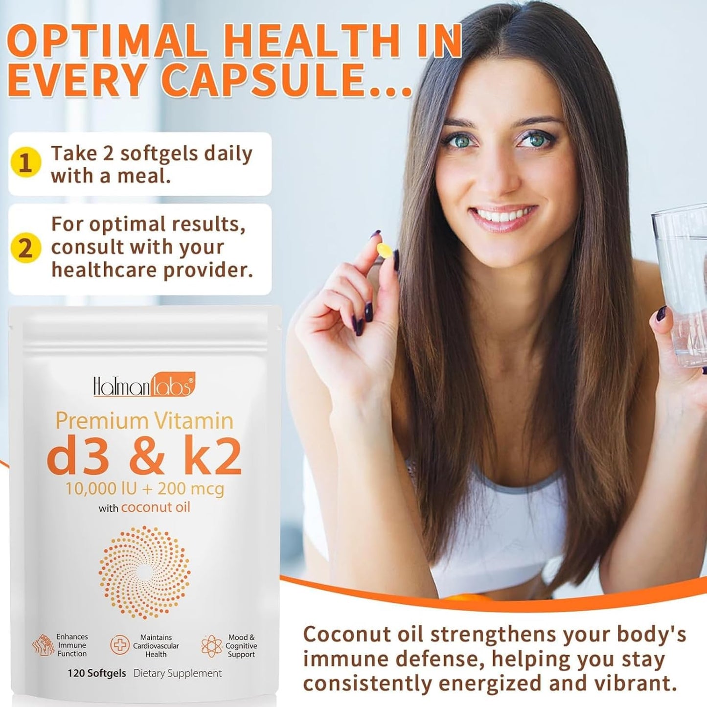 MXCZBSM Vitamin D3 K2 Supplement Soft gel capsules - 10000 IU D3 & 200 mcg K2 - for Immune, Bone, Heart & Teeth Health - Non-GMO, Gluten-free, Soya Free (2-Pack) - görsel 5