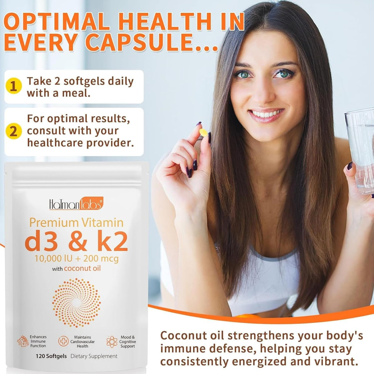 MXCZBSM Vitamin D3 K2 Supplement Soft gel capsules - 10000 IU D3 & 200 mcg K2 - for Immune, Bone, Heart & Teeth Health - Non-GMO, Gluten-free, Soya Free (2-Pack) - görsel 5