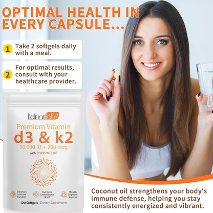 MXCZBSM Vitamin D3 K2 Supplement Soft gel capsules - 10000 IU D3 & 200 mcg K2 - for Immune, Bone, Heart & Teeth Health - Non-GMO, Gluten-free, Soya Free (2-Pack)