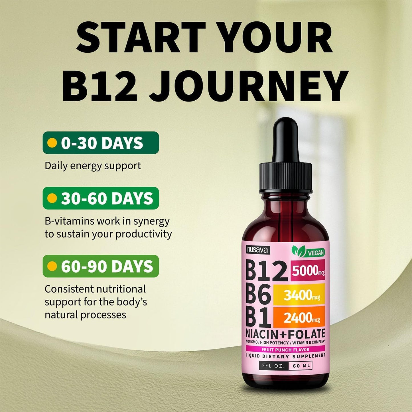 NUSAVA Vitamin B12 Liquid Drops 5000mcg - Sublingual B Complex with B6 & B1, Vegan, Non-GMO, Fruit Punch (2 Pack, 60 ml Each) - görsel 4