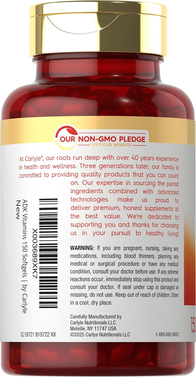 Carlyle Vitamin ADK Supplement | 150 Softgels | Vitamins A, D3, K1, K2 | Non-GMO, Gluten Free - görsel 3