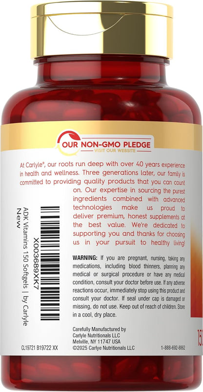 Carlyle Vitamin ADK Supplement | 150 Softgels | Vitamins A, D3, K1, K2 | Non-GMO, Gluten Free