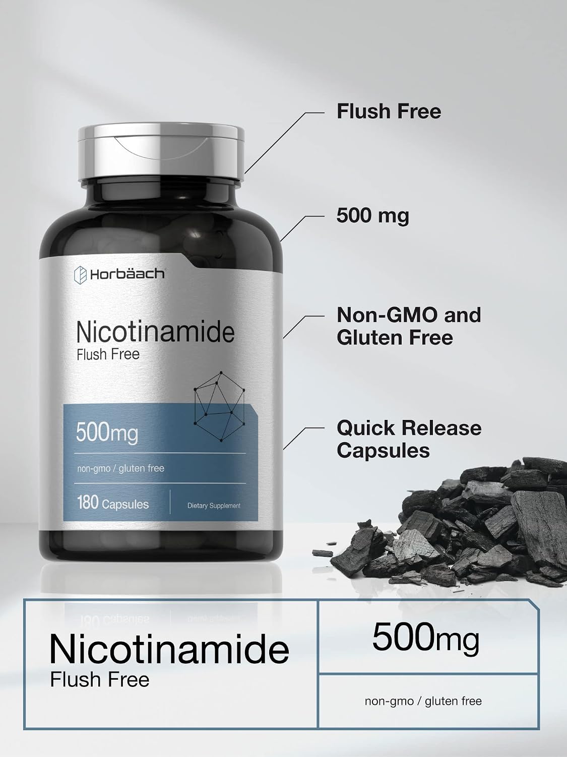 Horbäach Nicotinamide 500mg | 180 Capsules | Flush Free Food Supplement - görsel 3