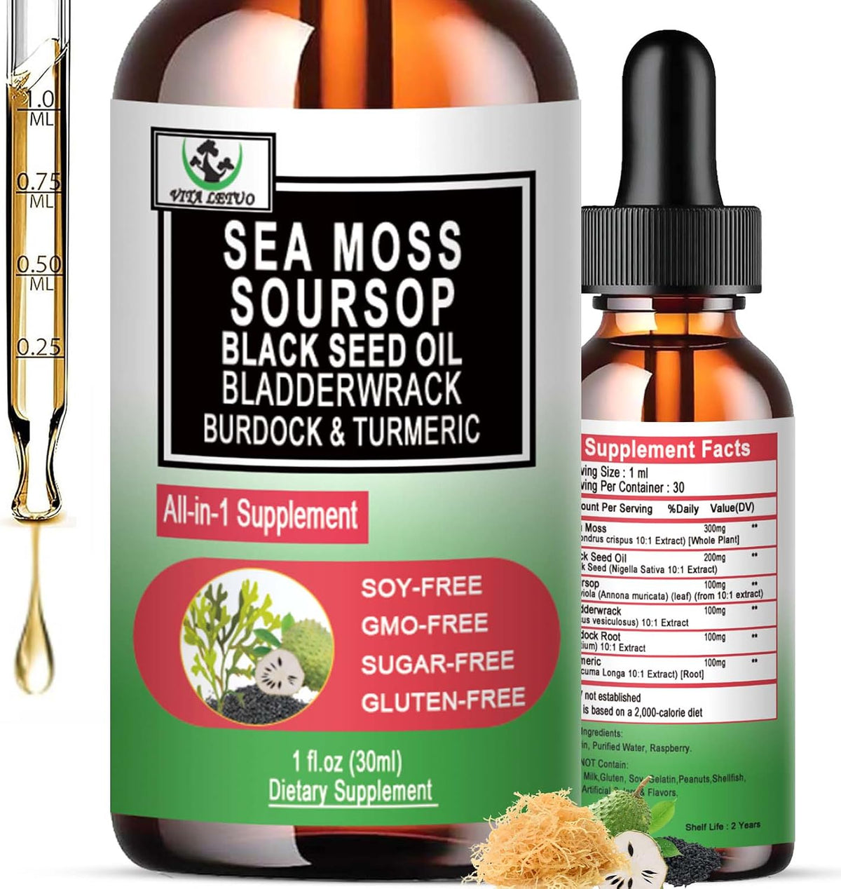 Sea Moss Black Seed Oil Soursop Liquid Drops with Bladderwrack Burdock Root Turmeric – Multimineral and Vitamin Superfood Drops - görsel 1