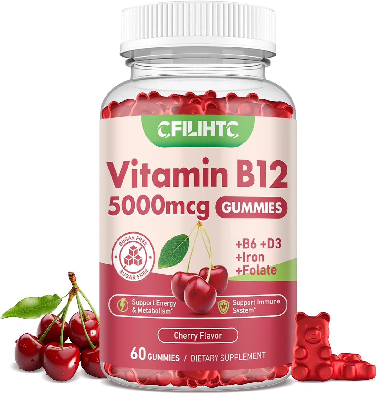 CFILIHTC Vitamin B12 Gummies – 5000mcg Methyl B12 with B6, D3, Iron & Folate, Sugar Free, Vegan, Strawberry, 2 Pack - görsel 9