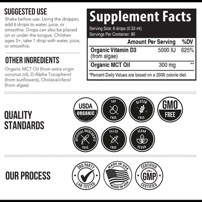 Plant-D3 Organic Vitamin D3 5000 IU - Vegan Sublingual Liquid Drops (30 ml)