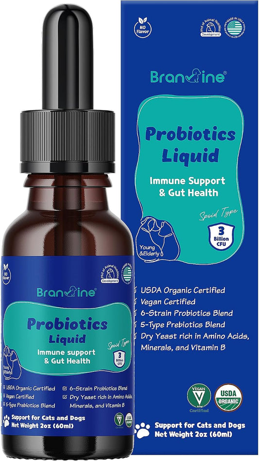 Branvine Probiotics Liquid Immune Support & Gut Health for Cats and Dogs - 6-Strain Probiotics with 5 Types of Prebiotics, Dry Yeast (60 ml)