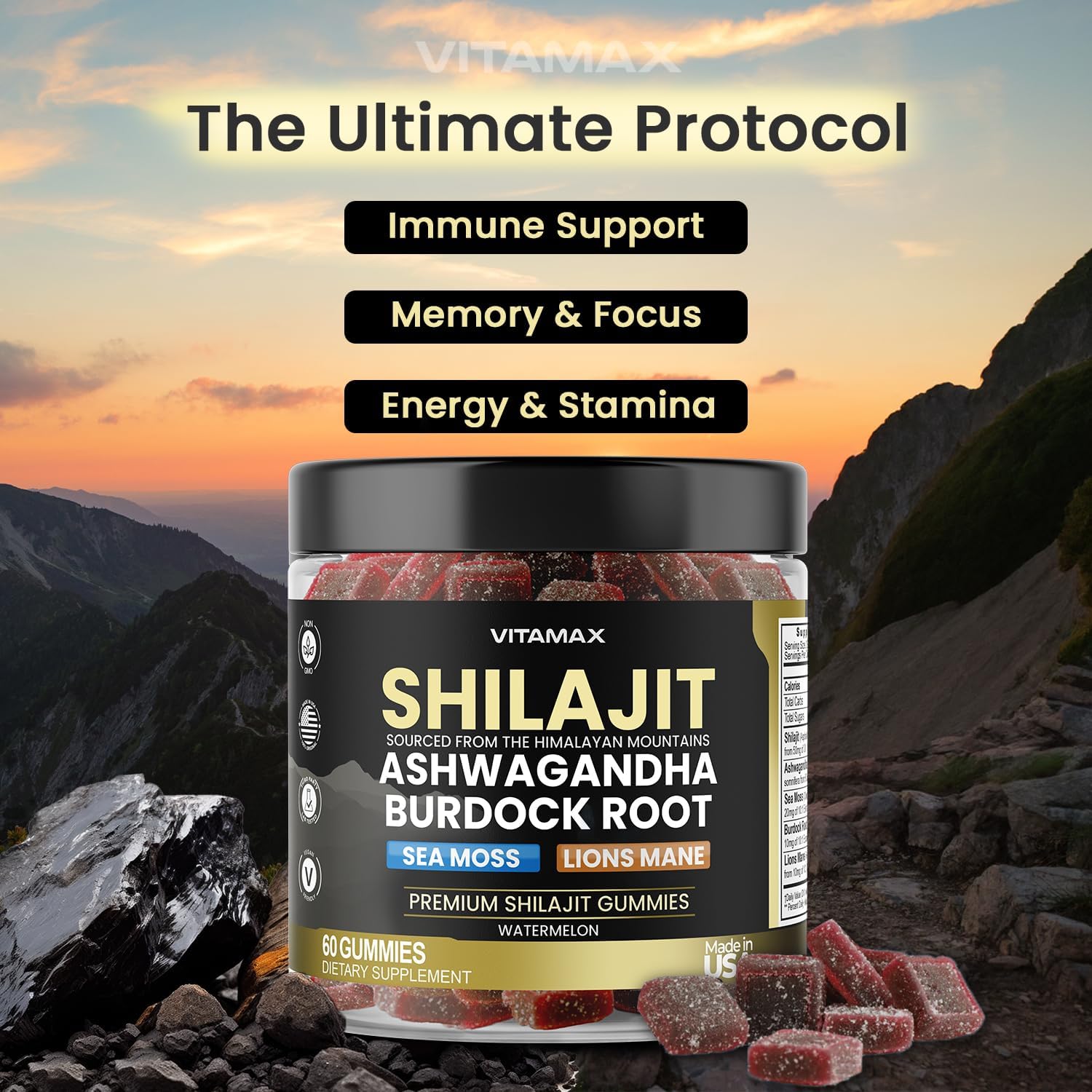 Pure Shilajit Gummies - Sea Moss, Ashwagandha, 85+ Trace Minerals - Watermelon Flavour - 60ct - görsel 2